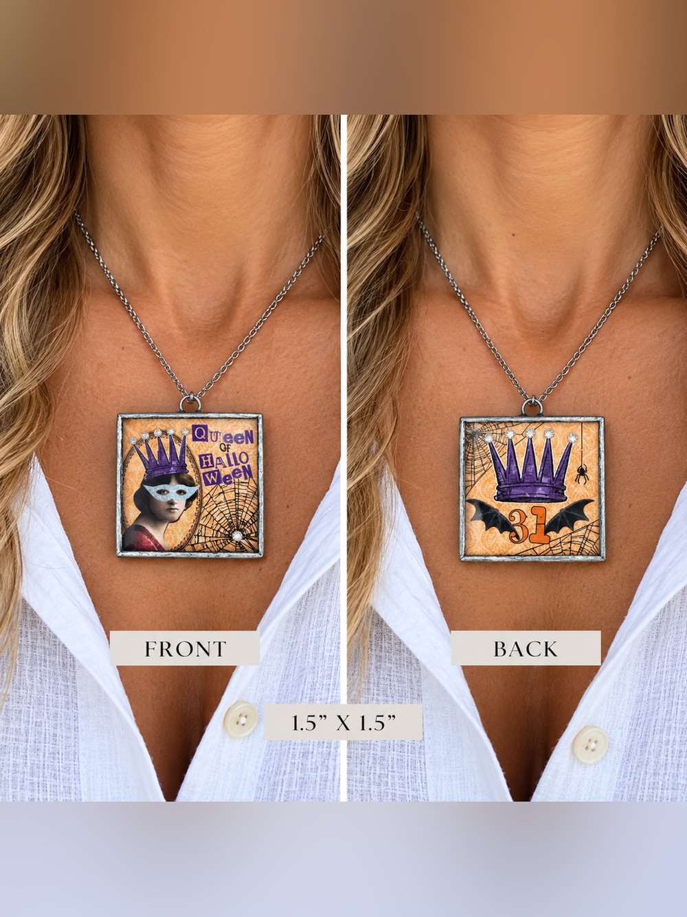 Jewel Kade Queen of Halloween Double Sided Pendant Charm 1.5” Square